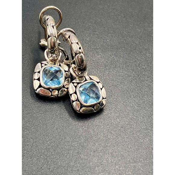 Sterling Silver 925 Faceted Blue CZ Bali‎ Style Hoop Dangle Earrings - Picture 8 of 8